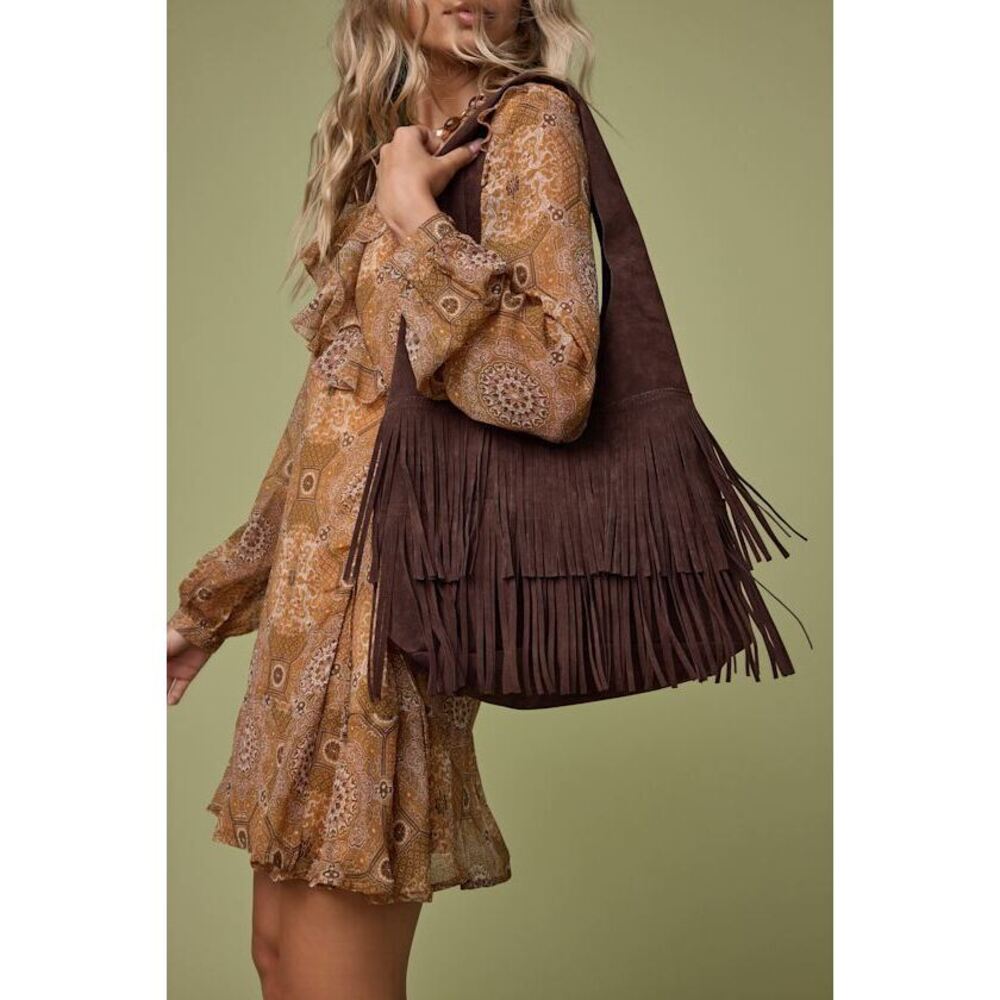 Lulus Noelene Dark Brown Vegan Suede Fringe Tote Bag- never used!!